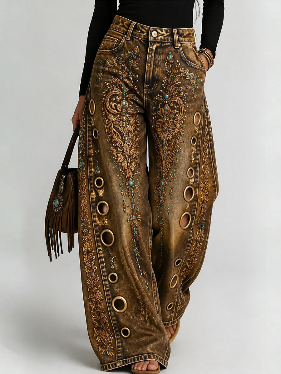 Women's Retro Style Art Print Casual Hollow Wide Leg Pants